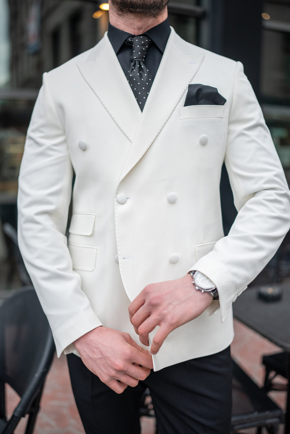 XAYWEAR™ Ivory Double-Breasted Tuxedo Jacket XR397