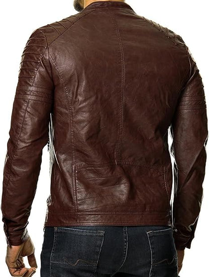 XAYWEAR™ Men's Quilted Classic Brown Lambskin Leather Biker Jacket  XY63