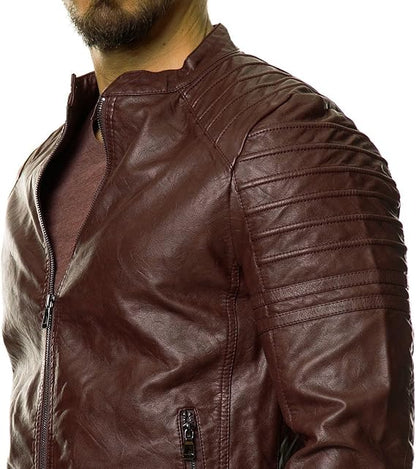 XAYWEAR™ Men's Quilted Classic Brown Lambskin Leather Biker Jacket  XY63