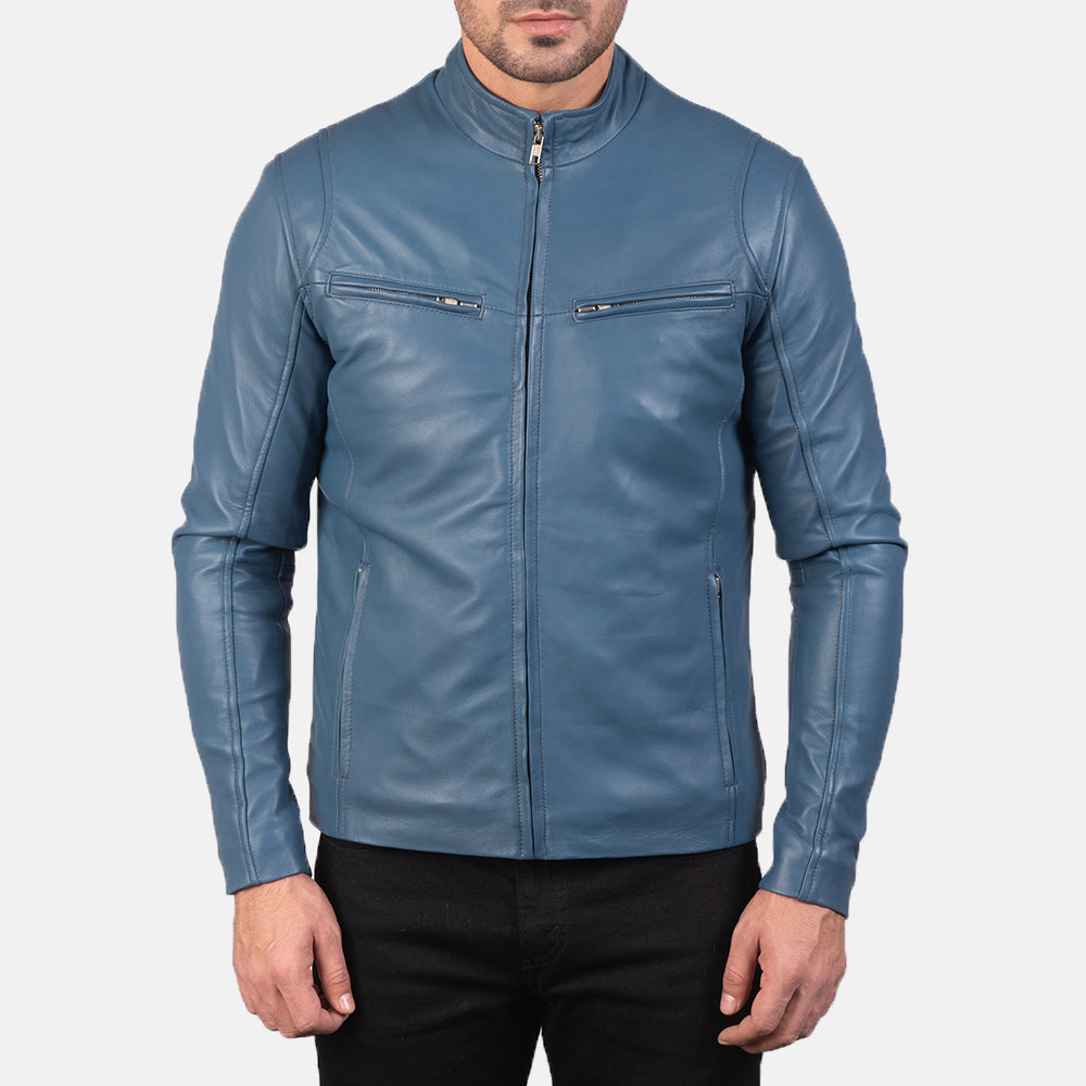 XAYWEAR™ Men's Ionic Blue Leather Biker Jacket XY08