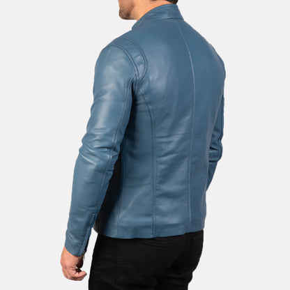 XAYWEAR™ Men's Ionic Blue Leather Biker Jacket XY08