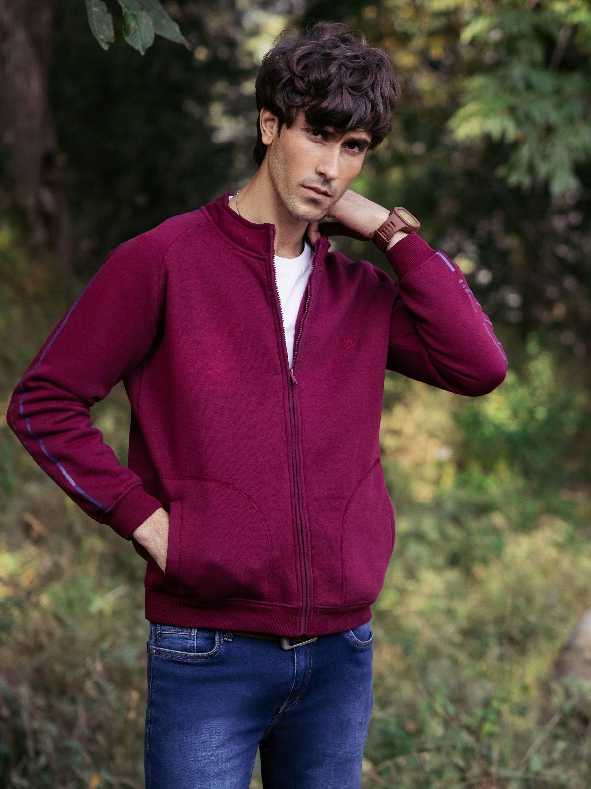 XAYWEAR™ Men's Maroon Zip-Up Fleece Jacket – Mock Neck Design XY27