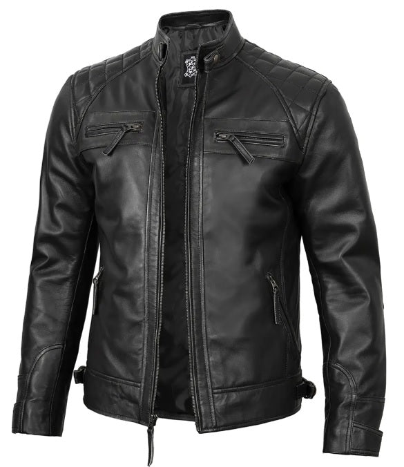 XAYWEAR™ Men's Real Leather Cafe Racer Black Motorcycle Jacket XY13