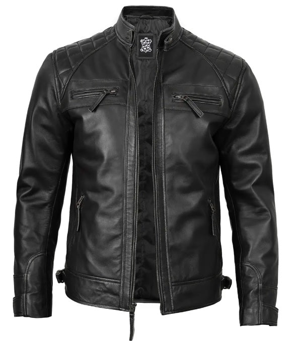 XAYWEAR™ Men's Real Leather Cafe Racer Black Motorcycle Jacket XY13