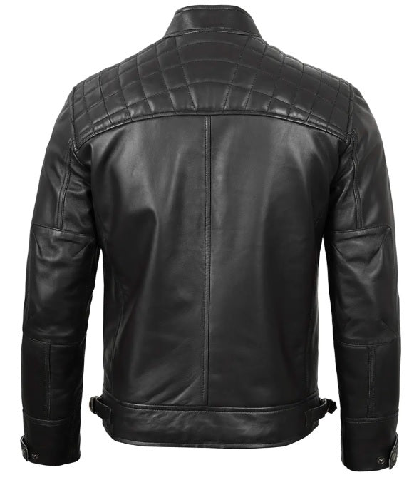 XAYWEAR™ Men's Real Leather Cafe Racer Black Motorcycle Jacket XY13