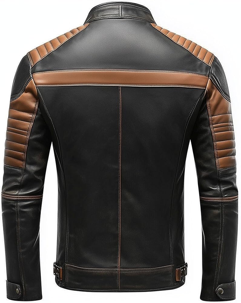 XAYWEAR™ Men's Leather Jacket Black Brown Contrast Biker Zipper XY11