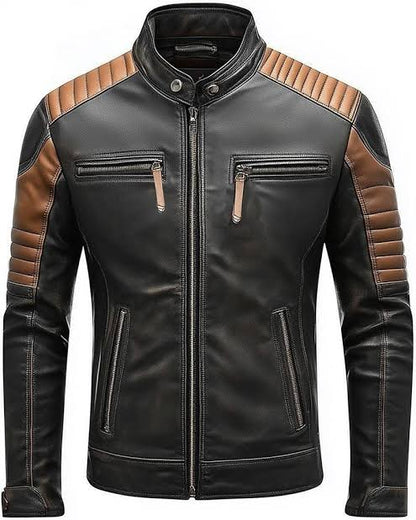 XAYWEAR™ Men's Leather Jacket Black Brown Contrast Biker Zipper XY11