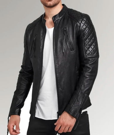 XAYWEAR™ Men's Diamond Quilted Black Leather Biker Jacket XY16