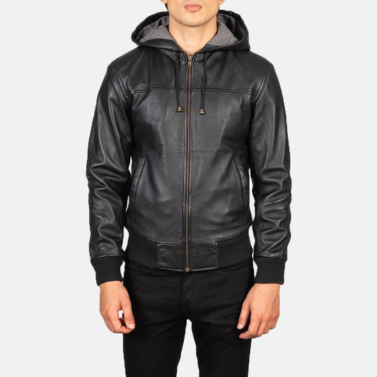 XAYWEAR™ Black Hooded Leather Bomber Jacket XY17