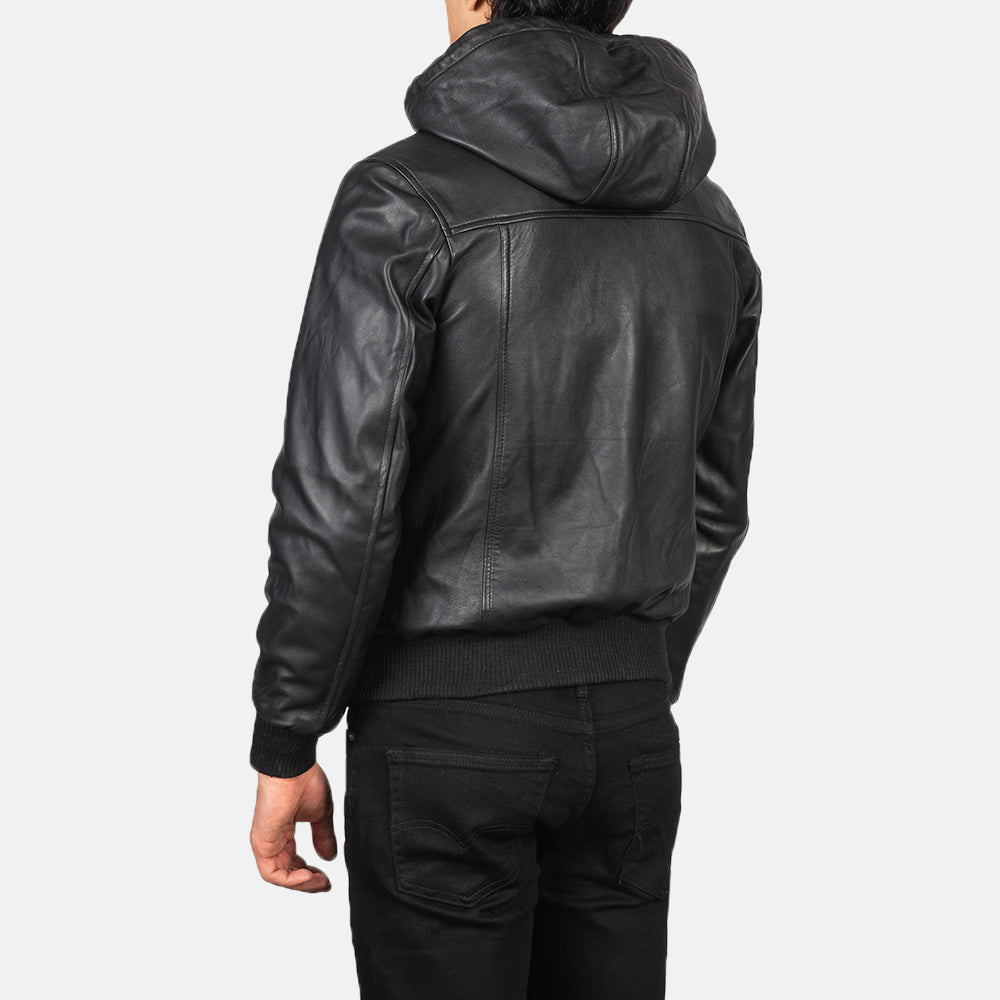 XAYWEAR™ Black Hooded Leather Bomber Jacket XY17