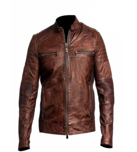 XAYWEAR™ Men's Brown Cafe Racer Sheepskin Leather Jacket XY18