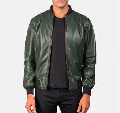 XAYWEAR™ Men's Green Leather Bomber Jacket XY19