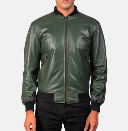 XAYWEAR™ Men's Green Leather Bomber Jacket XY19