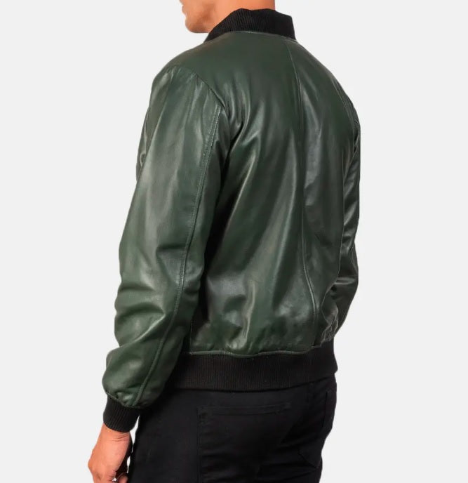 XAYWEAR™ Men's Green Leather Bomber Jacket XY19