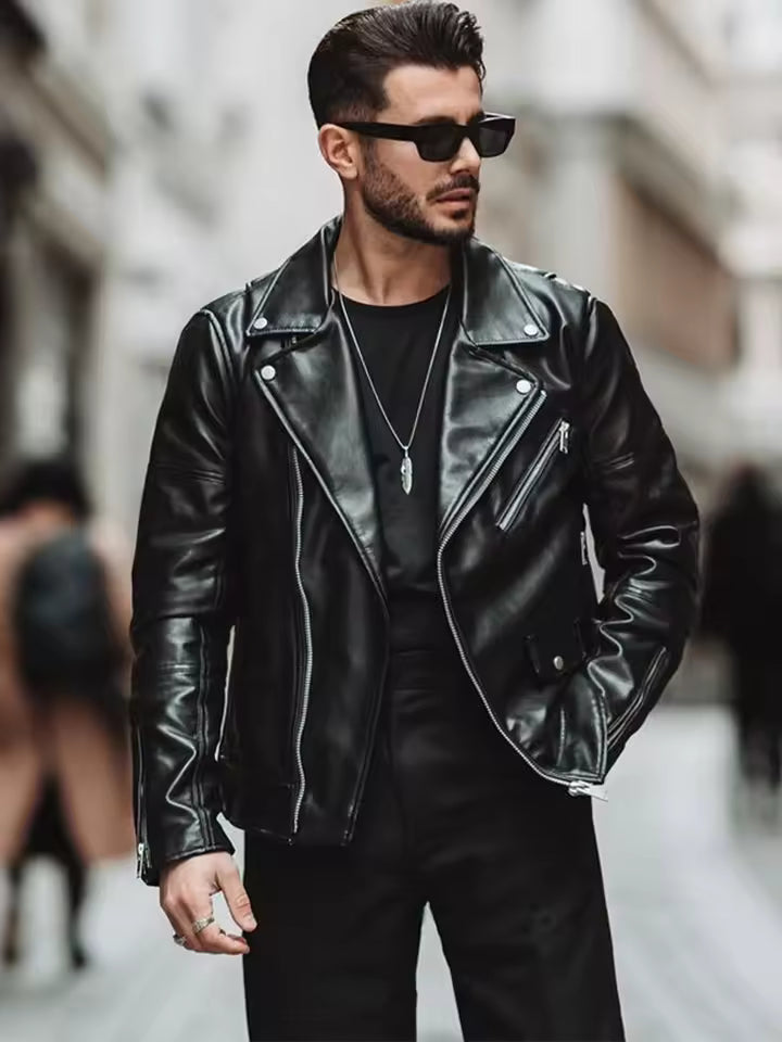 XAYWEAR™ Solid Zipper Motorcycle Men's Leather Jacket - Square Collar Street Overcoat  XY55