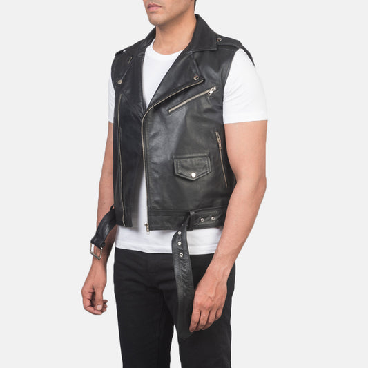 XAYWEAR™ Men's Sullivan Black Leather Biker Vest XY21