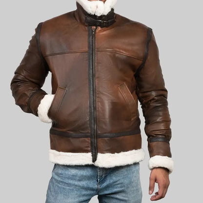 XAYWEAR™ Men's Brown Leather Shearling Jacket – Classic Aviator Style  XY57