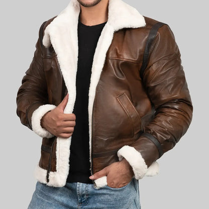 XAYWEAR™ Men's Brown Leather Shearling Jacket – Classic Aviator Style  XY57