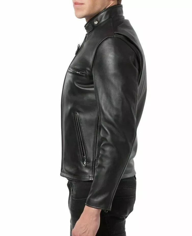 XAYWEAR™ Men's Black Leather Biker Jacket – Classic Café Racer Style  XY54