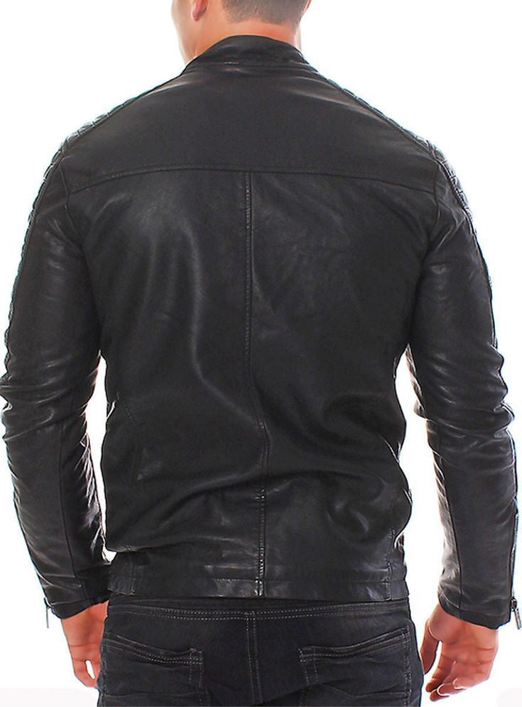 XAYWEAR™ Men's Black Quilted Leather Biker Jacket  XY48