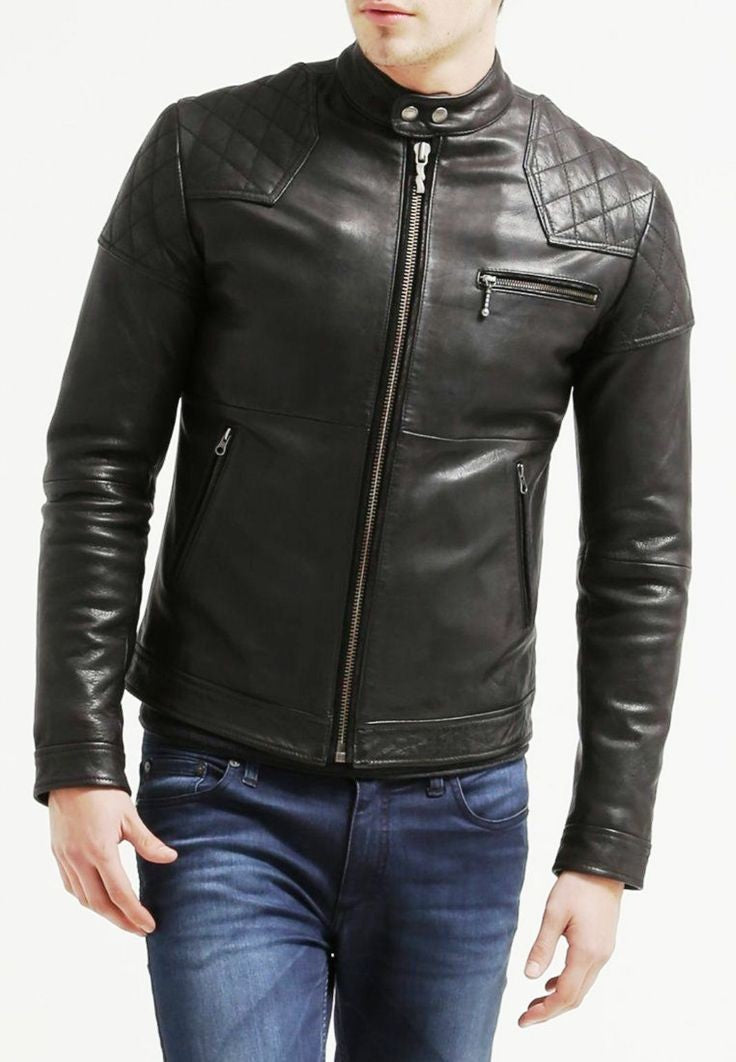 XAYWEAR™ Men's Black Quilted Shoulder Leather Biker Jacket XY49