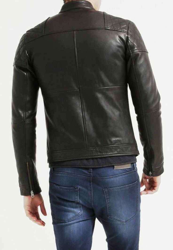 XAYWEAR™ Men's Black Quilted Shoulder Leather Biker Jacket XY49