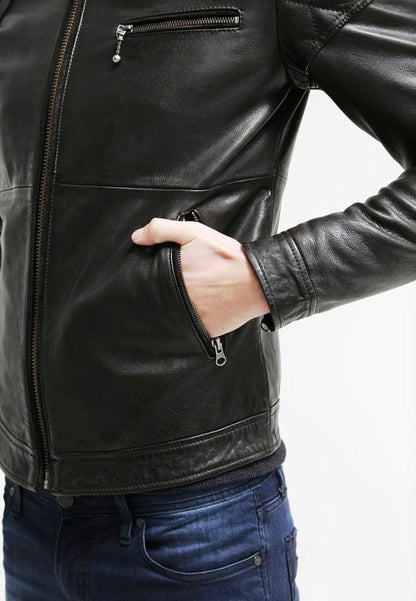 XAYWEAR™ Men's Black Quilted Shoulder Leather Biker Jacket XY49