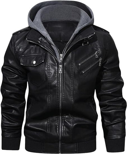 XAYWEAR™ Men's Hooded PU Leather Motorcycle Bomber Jacket  XY60