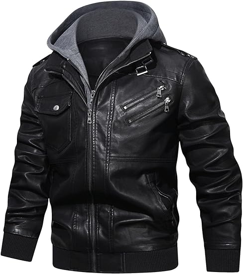 XAYWEAR™ Men's Hooded PU Leather Motorcycle Bomber Jacket  XY60