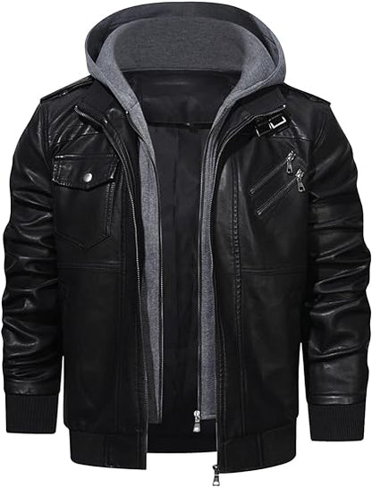 XAYWEAR™ Men's Hooded PU Leather Motorcycle Bomber Jacket  XY60