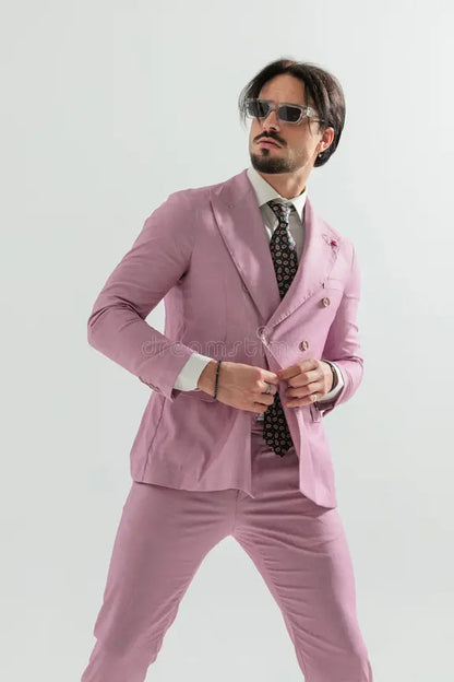 XAYWEAR™ Men's Modern Pink Double-Breasted Suit XY66