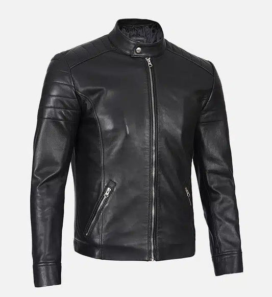 XAYWEAR™ Men's Plain Black Slim Leather Biker Jacket XY52