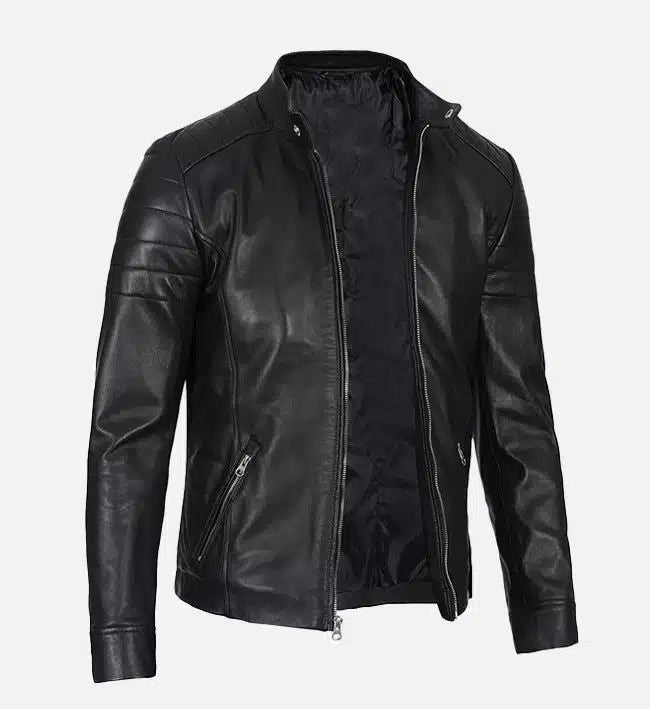 XAYWEAR™ Men's Plain Black Slim Leather Biker Jacket XY52