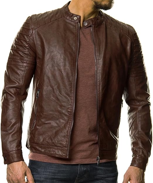 XAYWEAR™ Men's Quilted Classic Brown Lambskin Leather Biker Jacket  XY63