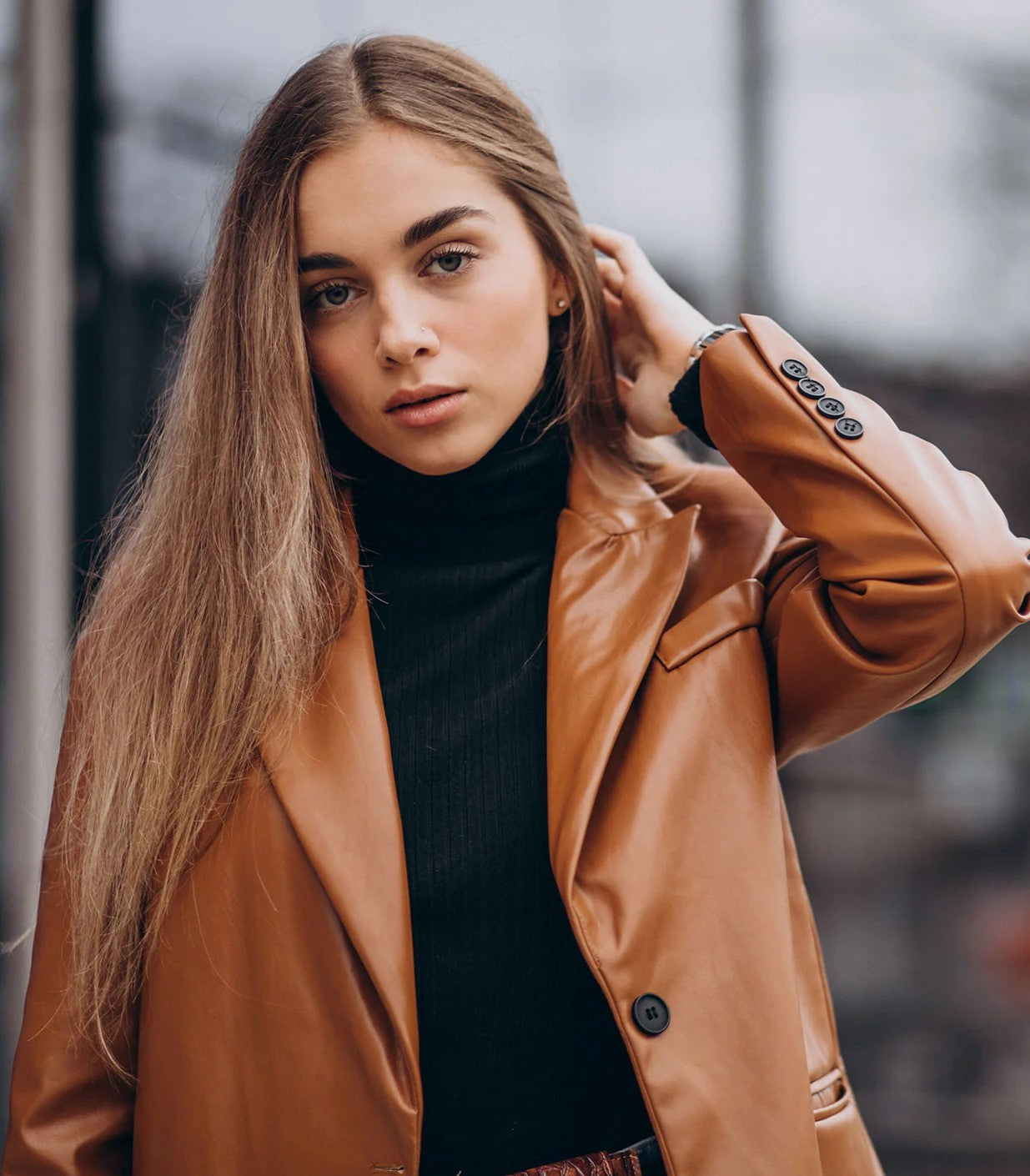 XAYWEAR™  Contemporary Tan Faux Leather Jacket with Turtleneck  XR302
