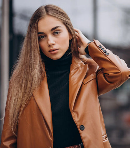 XAYWEAR™  Contemporary Tan Faux Leather Jacket with Turtleneck  XR302