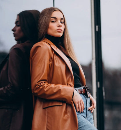 XAYWEAR™  Contemporary Tan Faux Leather Jacket with Turtleneck  XR302