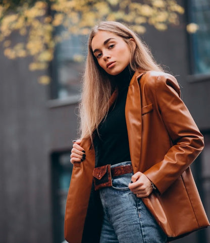 XAYWEAR™  Contemporary Tan Faux Leather Jacket with Turtleneck  XR302