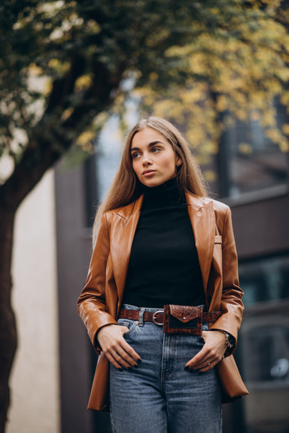 XAYWEAR™  Contemporary Tan Faux Leather Jacket with Turtleneck  XR302